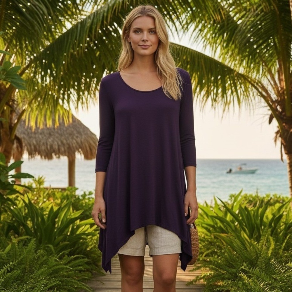 Ruby Rd Purple Sharkbite Hem Tunic Top 3/4 Sleeve Scoop Neck Size L